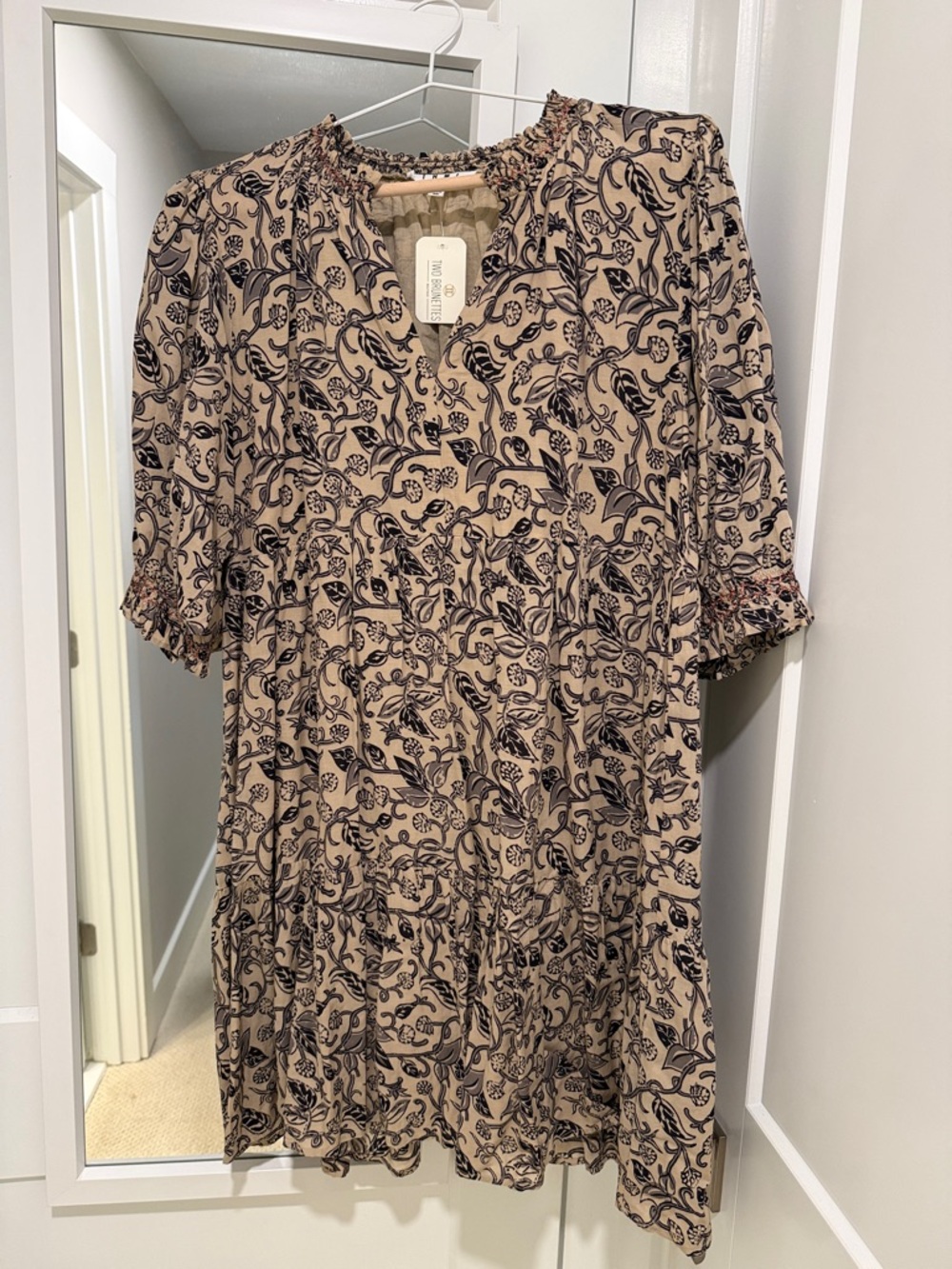 THML Beige Dress with Black Floral Print - Short Sleeve  Dress